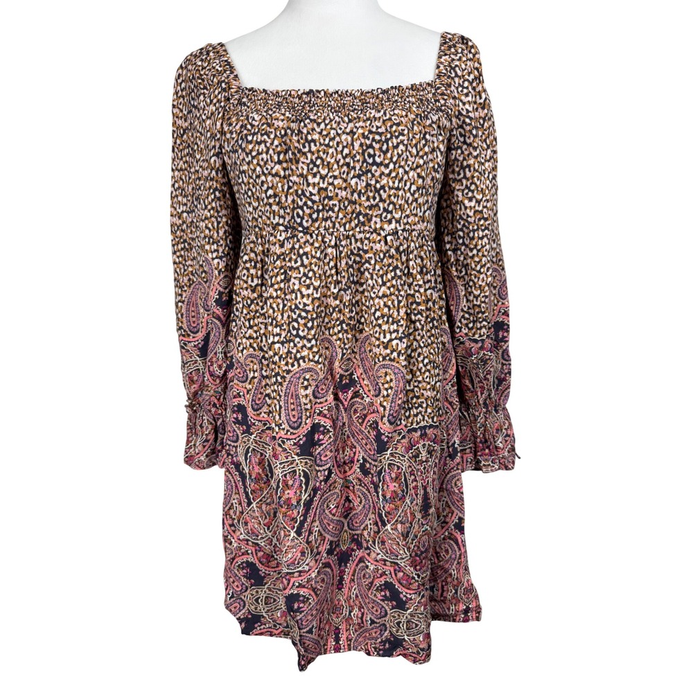 Maeve Women Dress XS Multicolor Mixed Leopard Paisley Smocked Square Neck Mini